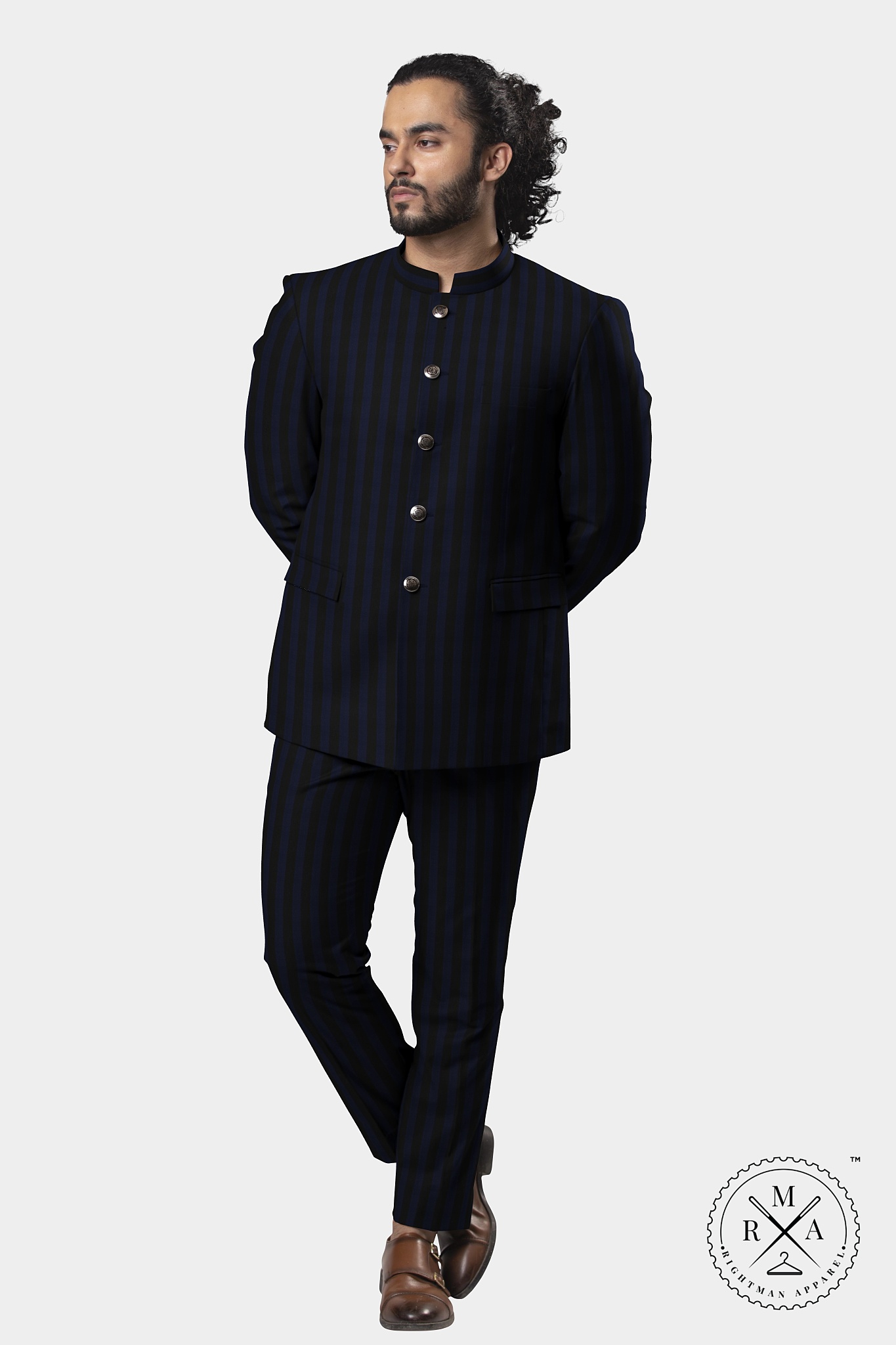 Cotton Blue Jodhpuri Suit With Black Thick Lines SU78